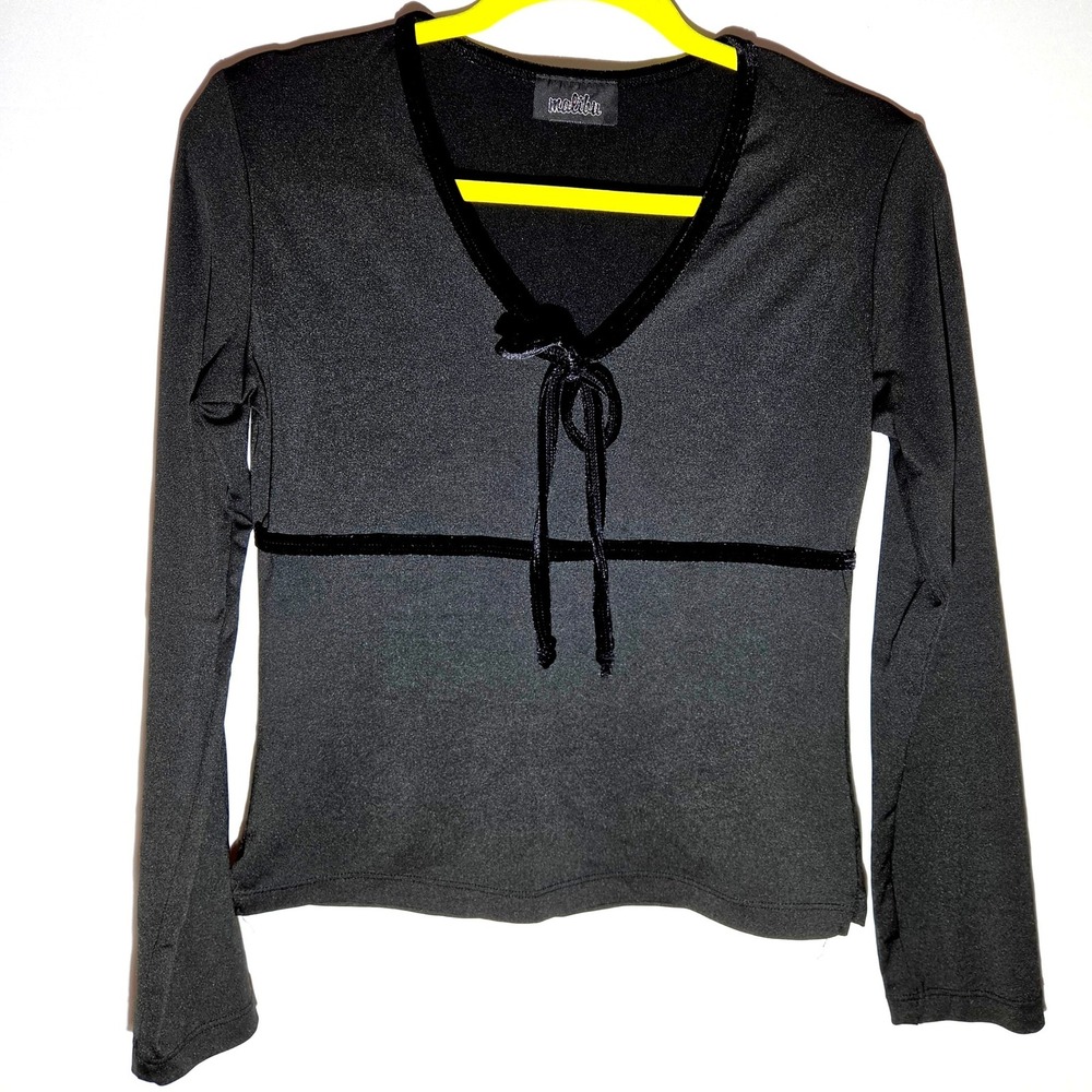 Malibu Y2K Black Long Sleeve V-Neck Velvet Trim Tie Front Top Womens Small